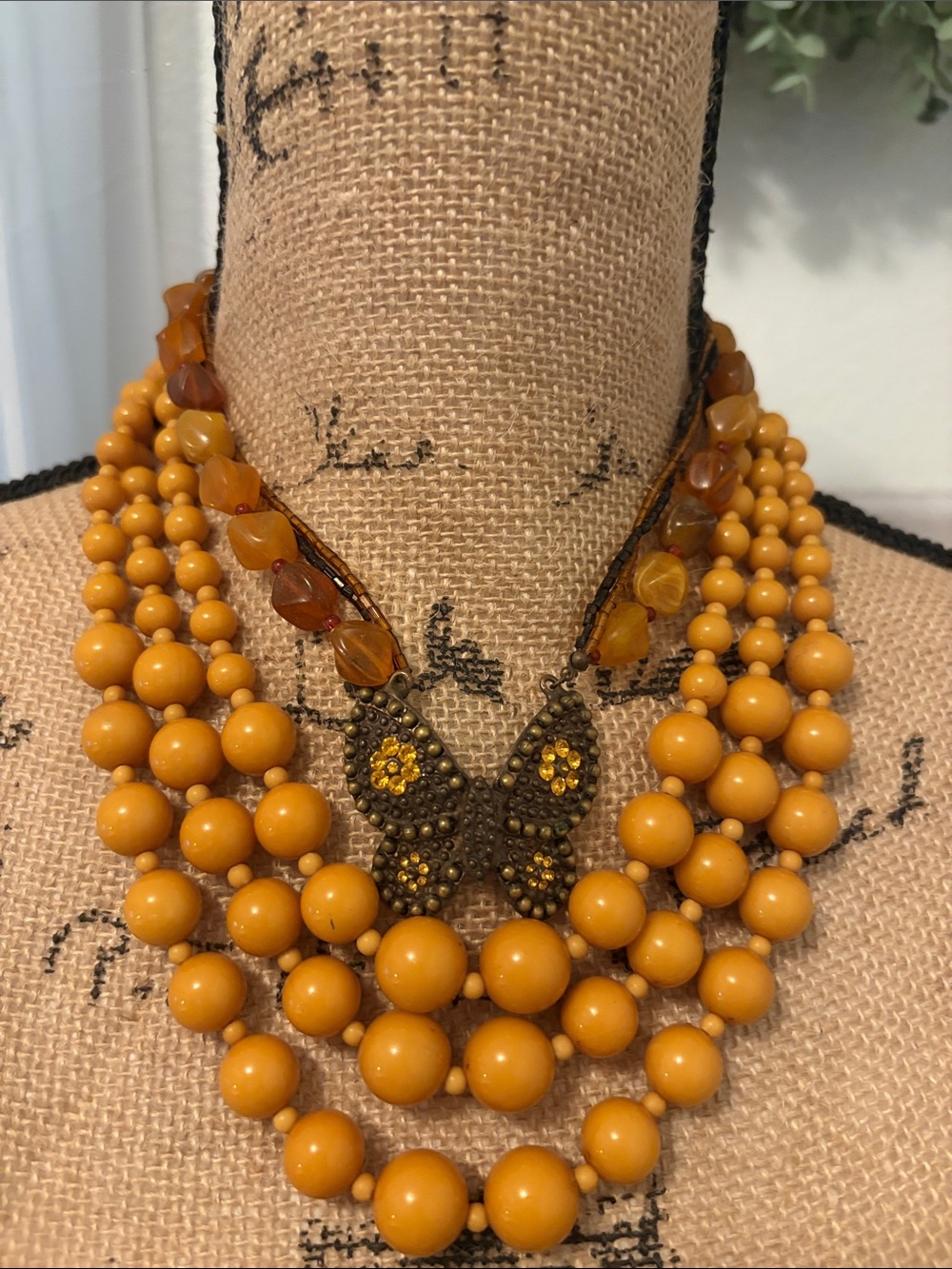 Mustard Yellow Multi-Strand Bead Necklace set with Butterfly Pendant 2 necklaces